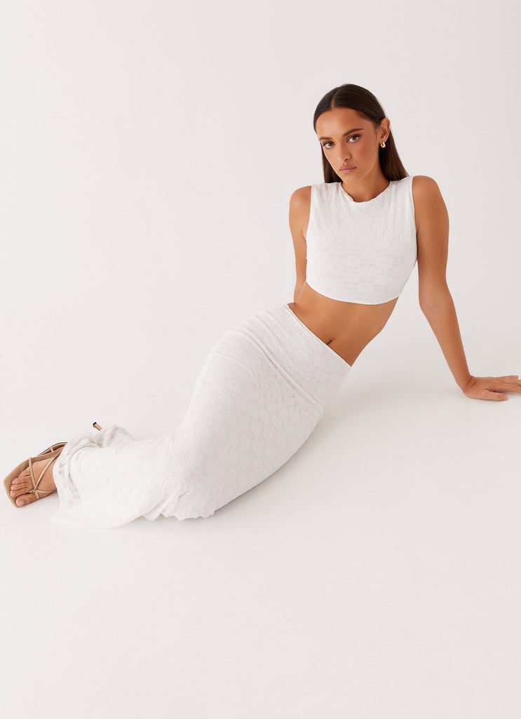 Womens Issey Maxi Skirt in the colour White in front of a light grey background