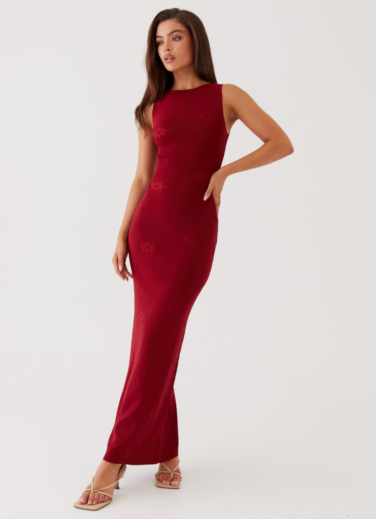 Womens Holly Knit Maxi Dress in the colour Red in front of a light grey background
