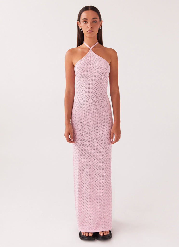 Womens Madsy Knit Maxi Dress in the colour Rose Pink in front of a light grey background