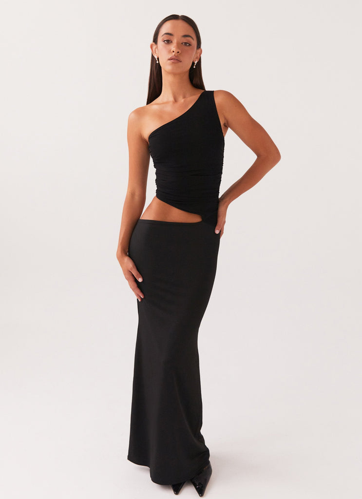 Womens Seranella One Shoulder Maxi Dress in the colour Black in front of a light grey background