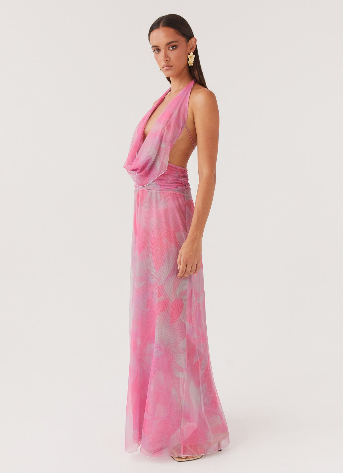 Womens Elysia Mesh Maxi Dress in the colour Pink Floral in front of a light grey background