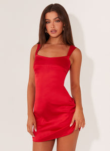 Womens Odette Satin Mini Dress in the colour Red in front of a light grey background