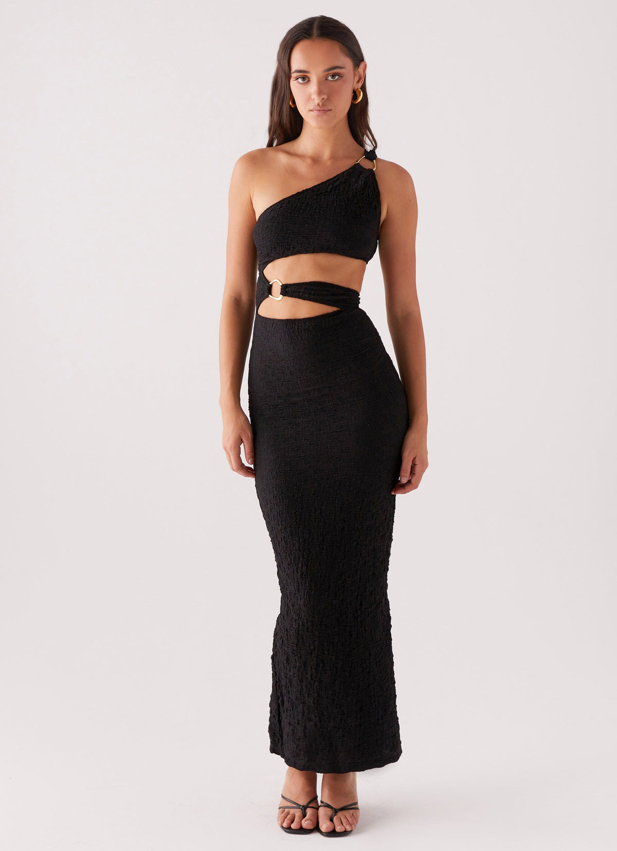 Womens Into Pieces Mesh Maxi Dress in the colour Black in front of a light grey background