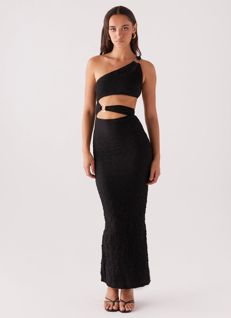 Womens Into Pieces Mesh Maxi Dress in the colour Black in front of a light grey background