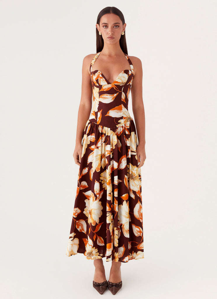 Womens Dahlia Linen Maxi Dress in the colour Brown Floral in front of a light grey background