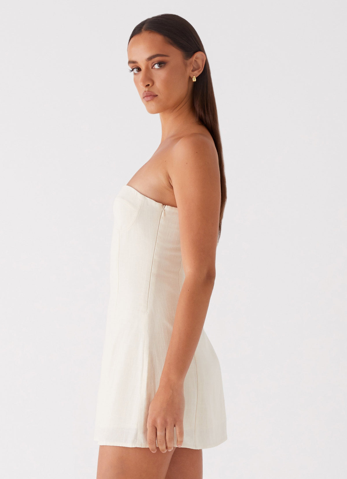 Womens Do It That Way Linen Mini Dress in the colour Ivory in front of a light grey background