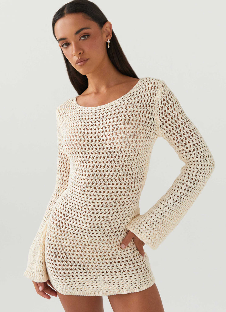 Womens Down For The Ride Crochet Mini Dress in the colour Ivory in front of a light grey background