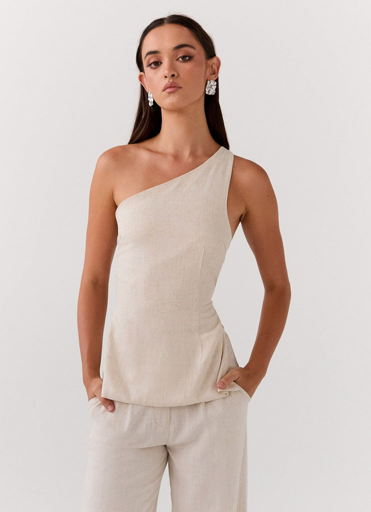 Womens Olsen Linen One Shoulder Top in the colour Oatmeal in front of a light grey background