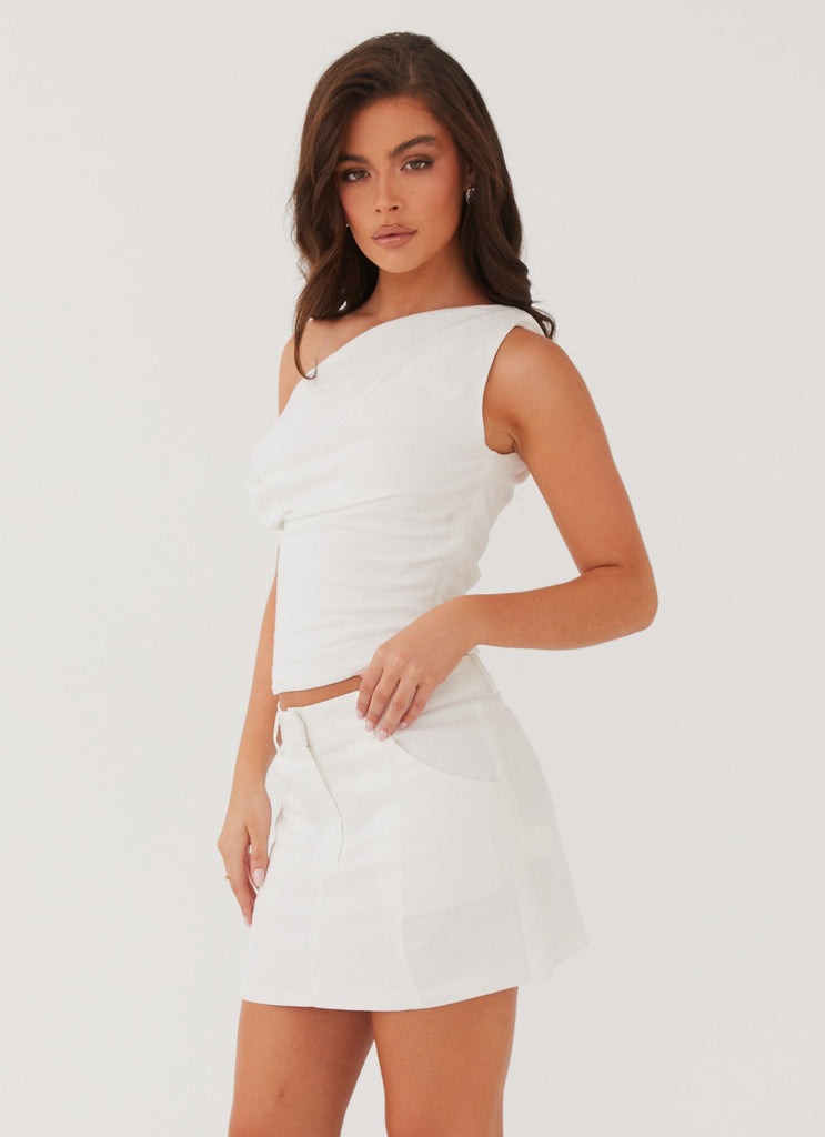 Womens Marissa Linen One Shoulder Top in the colour White in front of a light grey background