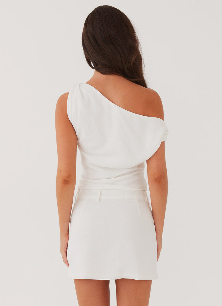 Womens Marissa Linen One Shoulder Top in the colour White in front of a light grey background