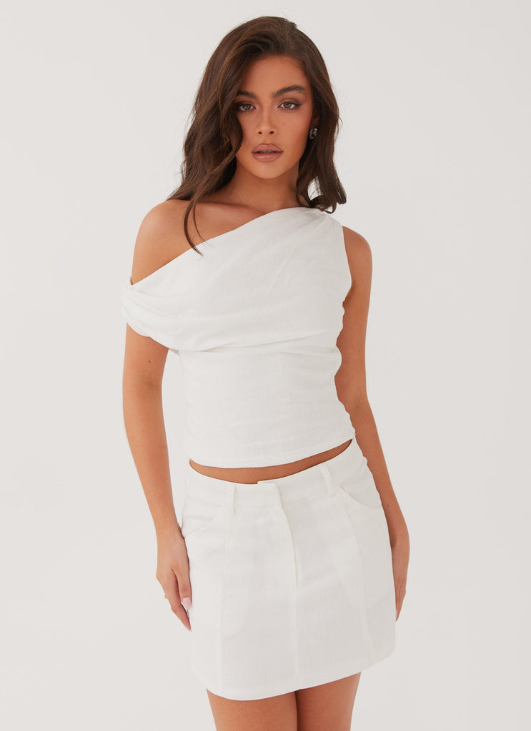 Womens Marissa Linen One Shoulder Top in the colour White in front of a light grey background