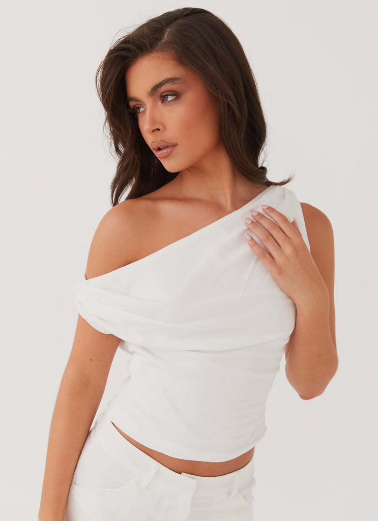 Womens Marissa Linen One Shoulder Top in the colour White in front of a light grey background