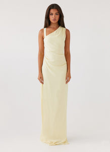 Womens Daffodil Charm Linen Maxi Dress in the colour Sunflower Yellow in front of a light grey background