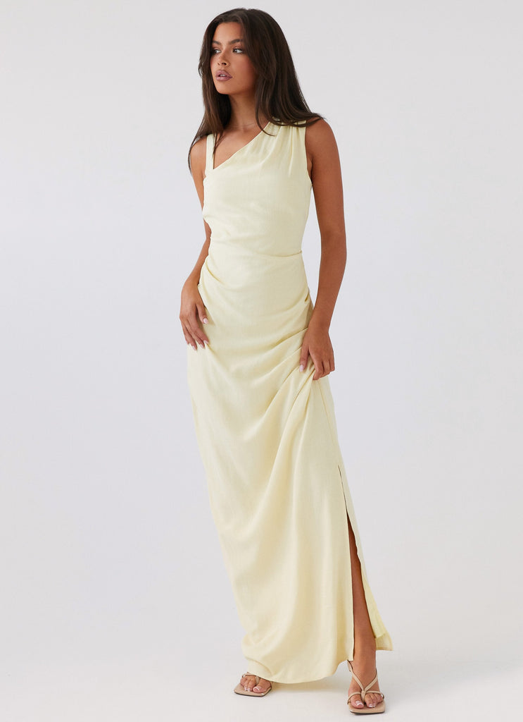 Womens Daffodil Charm Linen Maxi Dress in the colour Sunflower Yellow in front of a light grey background