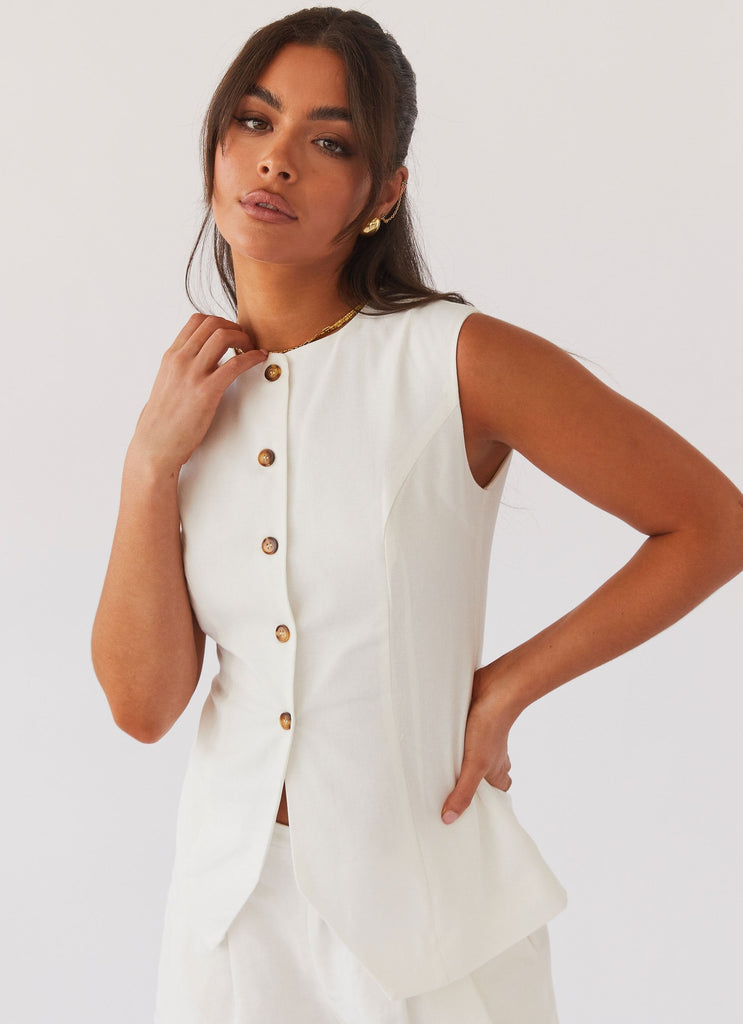 Womens Born For Bordeaux Linen Vest in the colour White in front of a light grey background