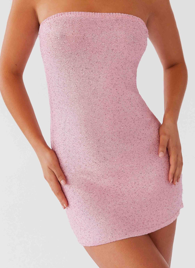 Womens Dance The Night Tube Knit Mini Dress in the colour Pink Dusk in front of a light grey background