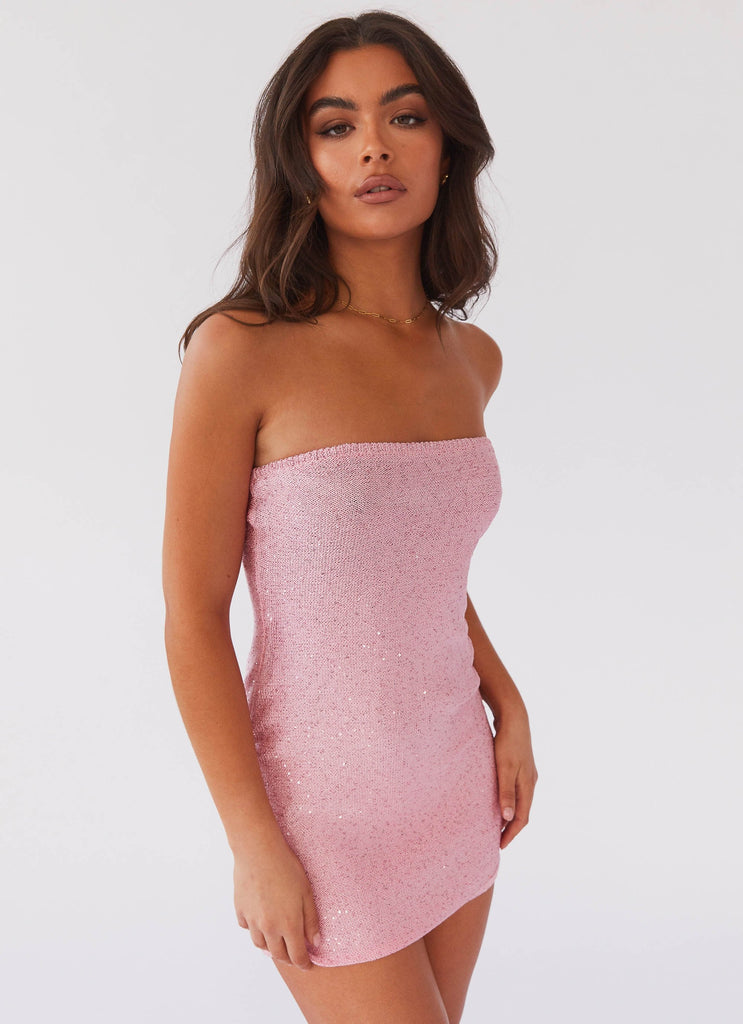 Womens Dance The Night Tube Knit Mini Dress in the colour Pink Dusk in front of a light grey background