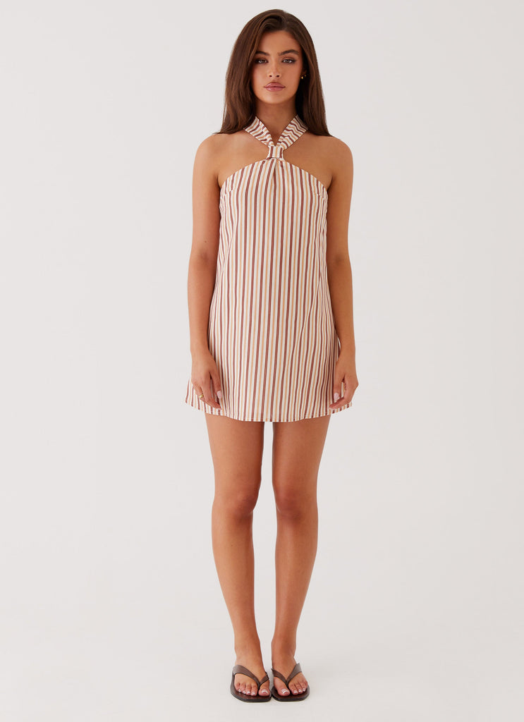 Womens Keira Linen Mini Dress in the colour Passionfruit Stripe in front of a light grey background