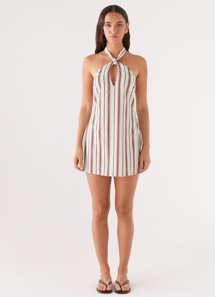 Womens Keira Linen Mini Dress in the colour Passionfruit Stripe in front of a light grey background