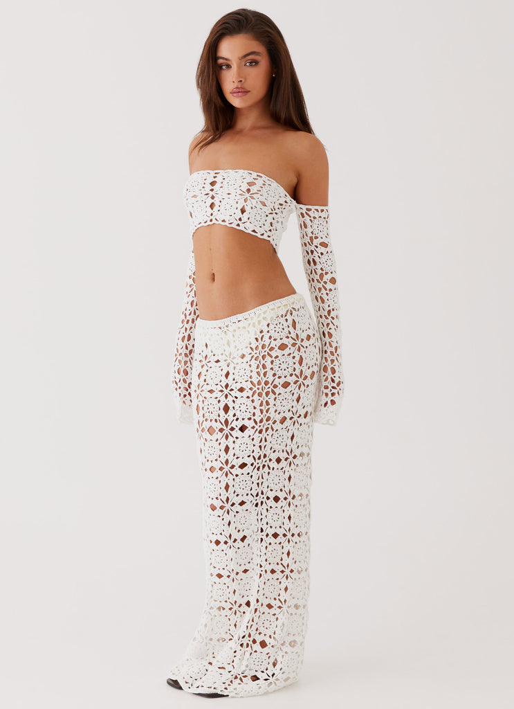 Womens Sorrentino Crochet Long Sleeve Top in the colour White in front of a light grey background