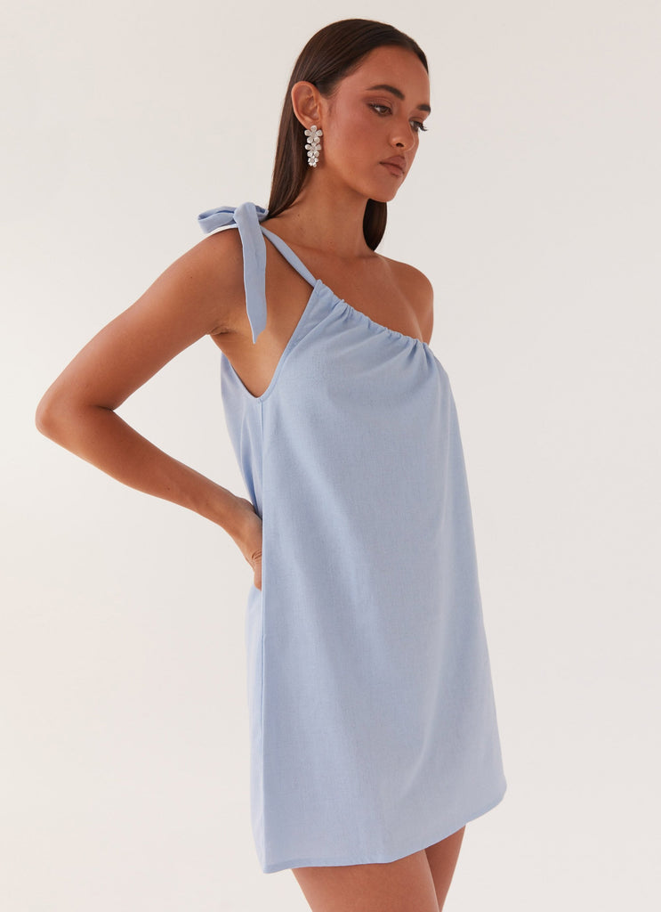 Womens Art Of Waves Linen Mini Dress in the colour Cerulean in front of a light grey background