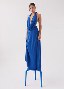 Womens Elysia Chiffon Maxi Dress in the colour Cobalt in front of a light grey background