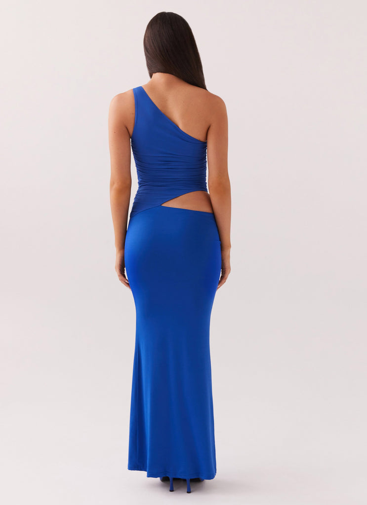 Womens Seranella One Shoulder Maxi Dress in the colour Cobalt in front of a light grey background