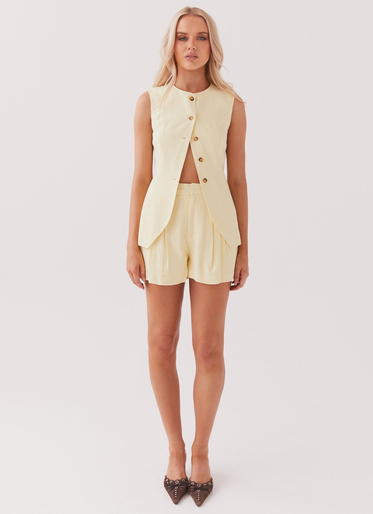 Womens Born For Bordeaux Linen Vest in the colour Lemon in front of a light grey background