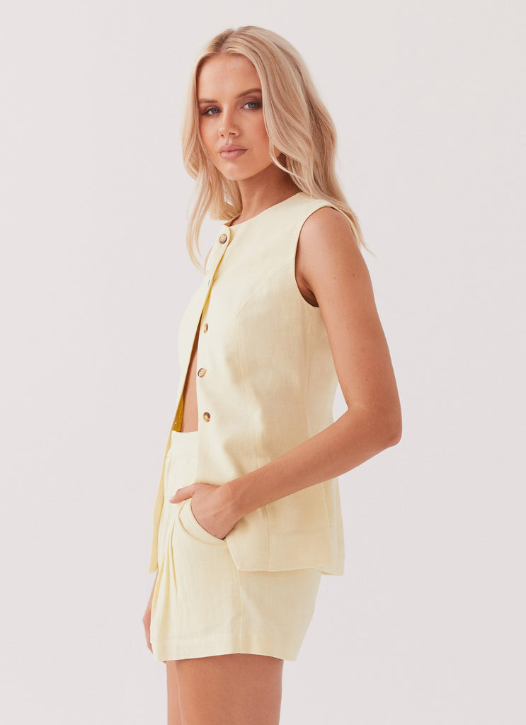 Womens Born For Bordeaux Linen Shorts in the colour Lemon in front of a light grey background