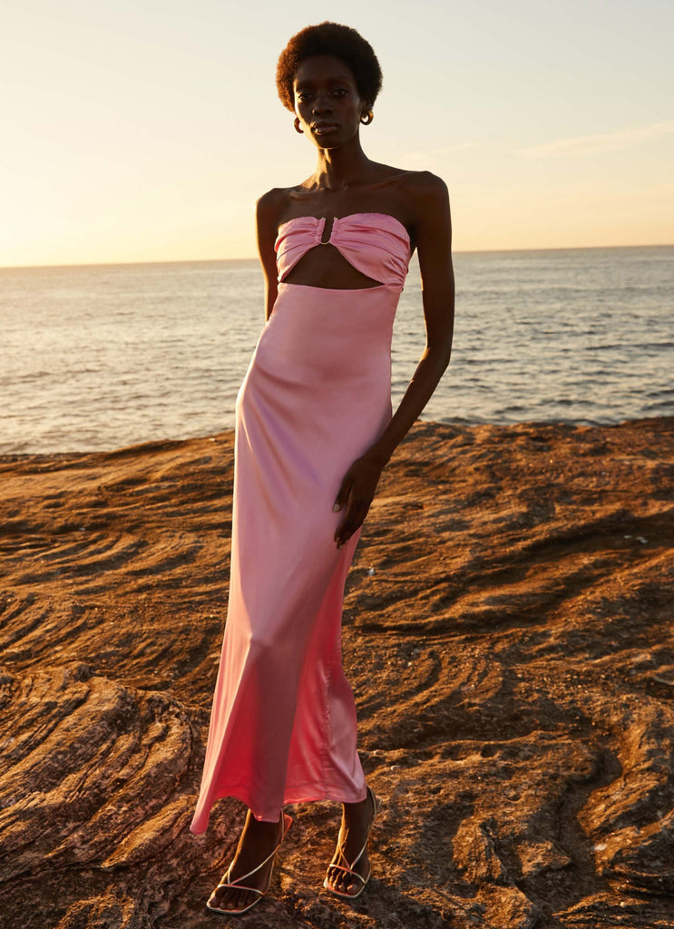 Womens Tropicana Satin Maxi Dress in the colour Candy in front of a light grey background