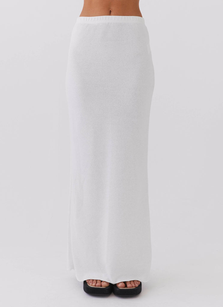 Womens Delicate Lady Knit Maxi Skirt in the colour White in front of a light grey background