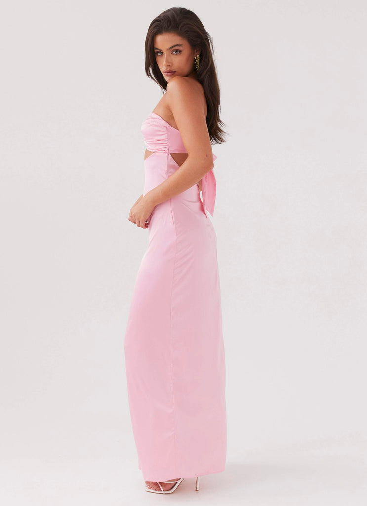 Womens Tropicana Satin Maxi Dress in the colour Candy in front of a light grey background