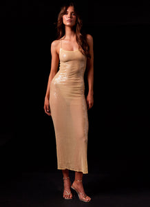 Womens Golden Gleam Sequin Maxi Dress in the colour Citrine in front of a light grey background