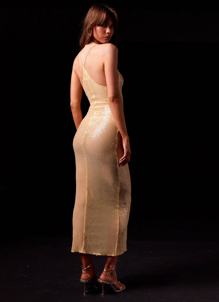 Womens Golden Gleam Sequin Maxi Dress in the colour Citrine in front of a light grey background