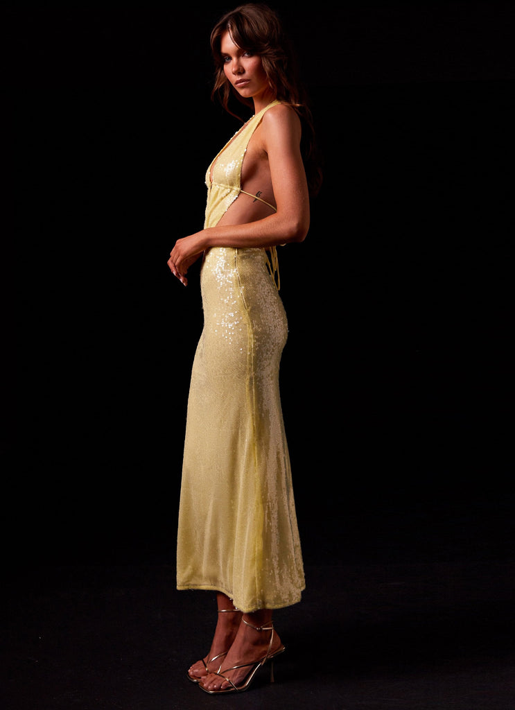 Womens Elara Sequin Maxi Dress in the colour Lemon Spritz in front of a light grey background