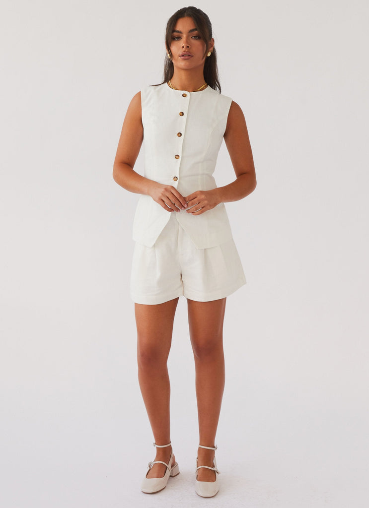 Womens Born For Bordeaux Linen Shorts in the colour White in front of a light grey background