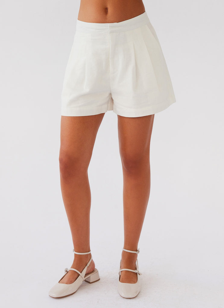 Womens Born For Bordeaux Linen Shorts in the colour White in front of a light grey background