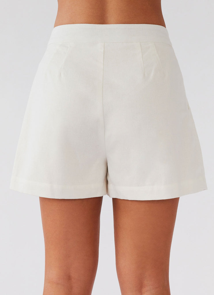 Womens Born For Bordeaux Linen Shorts in the colour White in front of a light grey background