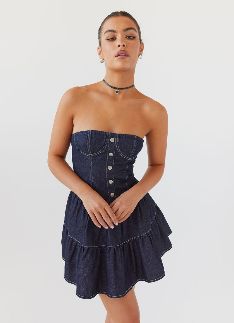 Womens Adriana Denim Bustier Dress in the colour Indigo in front of a light grey background