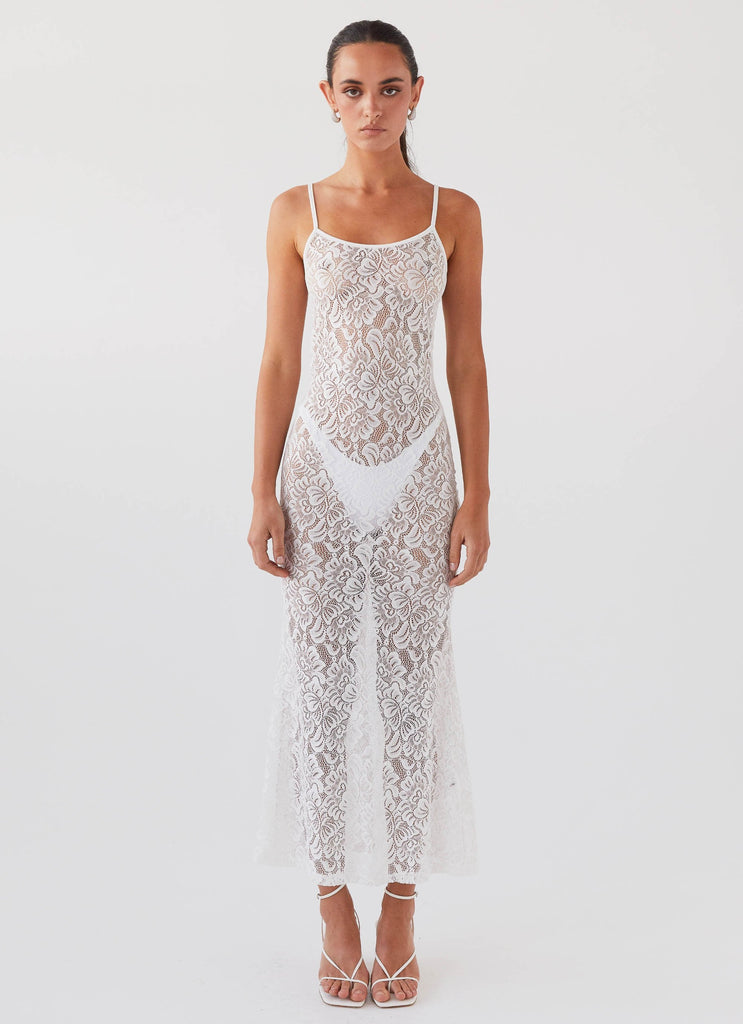 Womens Leona Lace Maxi Dress in the colour Snow in front of a light grey background