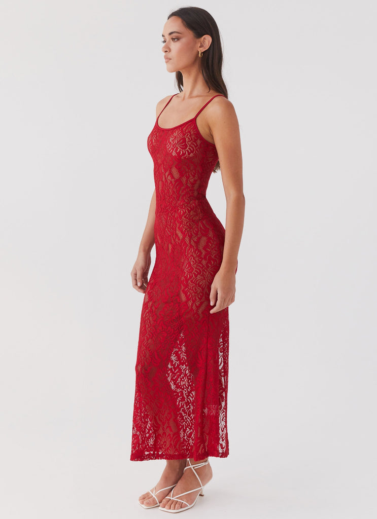 Womens Leona Lace Maxi Dress in the colour Red Rose in front of a light grey background