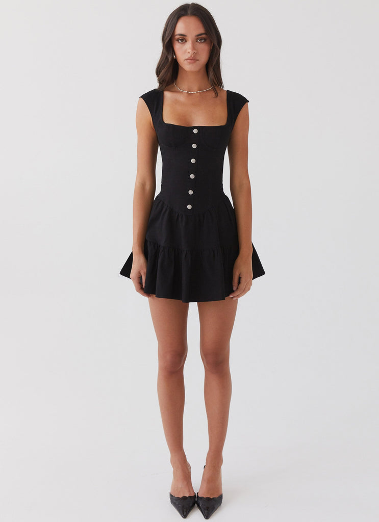 Womens Isabella Denim Bustier Dress in the colour Black in front of a light grey background