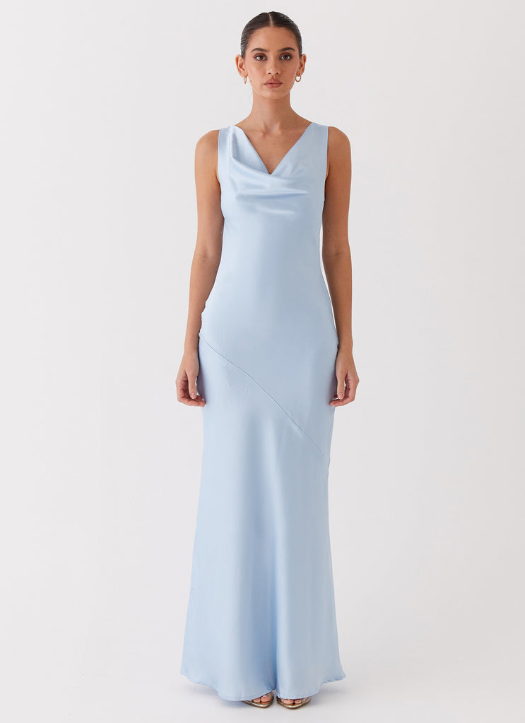 Womens Be Mine Satin Maxi Dress in the colour Blue in front of a light grey background