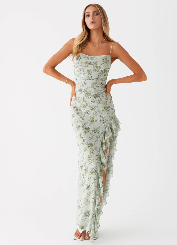 Womens Princessa Maxi Dress in the colour Sage Floral in front of a light grey background