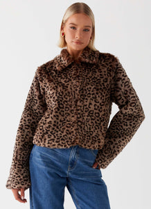 Womens Raleigh Fur Jacket in the colour Leopard in front of a light grey background