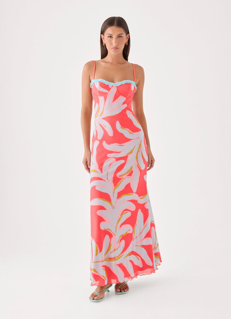 Riviera Muse Maxi Dress - Coral Palm Print