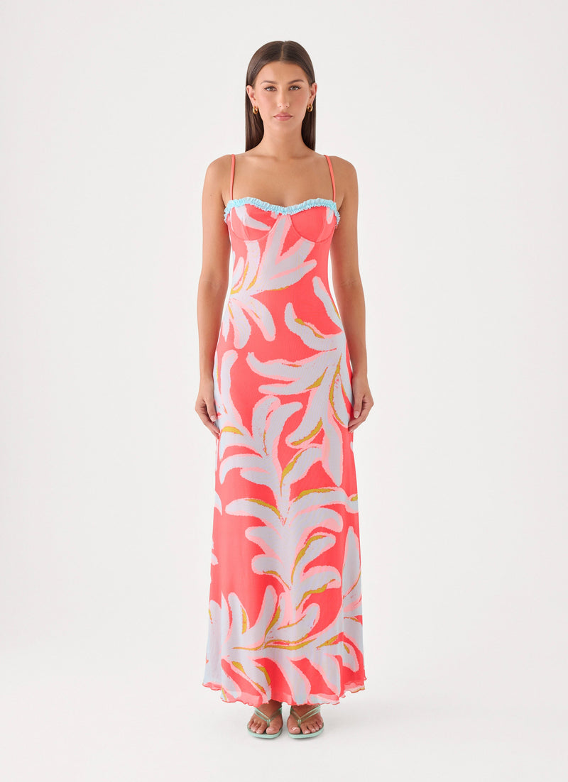 Riviera Muse Maxi Dress - Coral Palm Print
