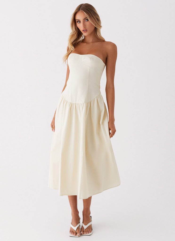 Womens Rosebud Bustier Midi Dress in the colour Ivory in front of a light grey background