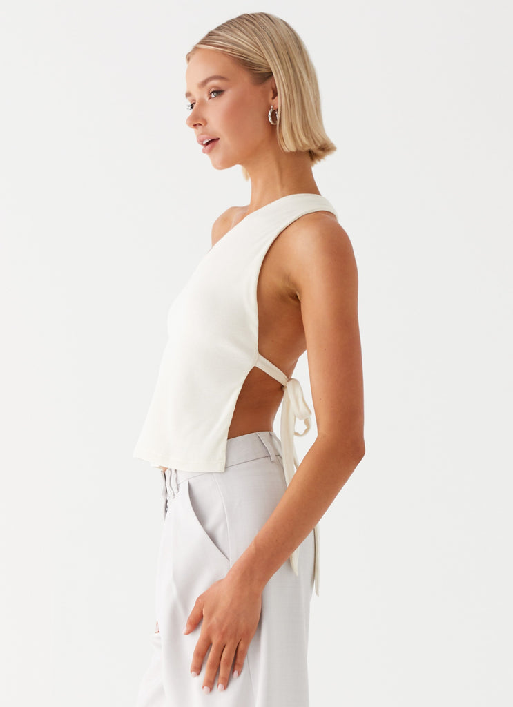 Womens Safiya One Shoulder Top in the colour White in front of a light grey background