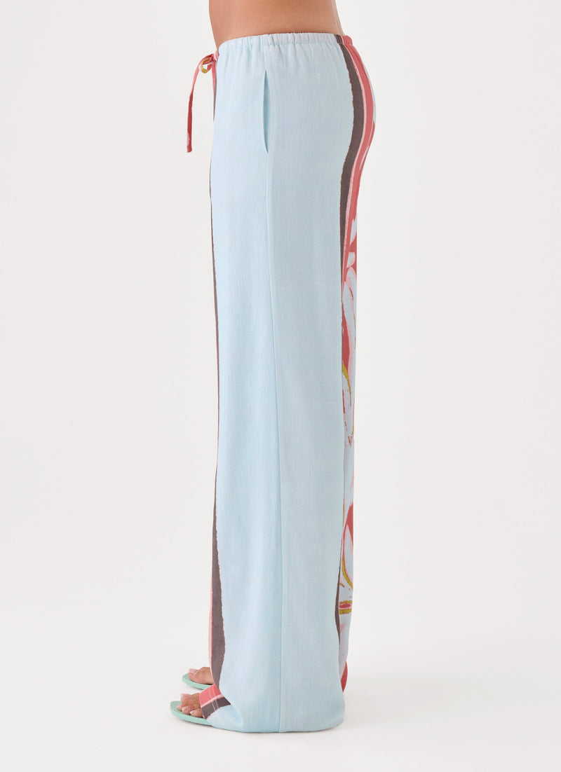 Santina Linen Pant - Coral Palm Print